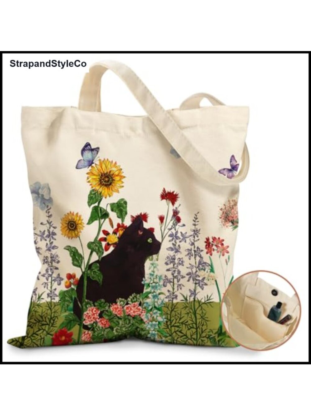 Cotton Canvas Tote Bag Zippered Pocket Magnetic Closure Reusable Grocery